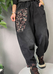 Black Embroideried Pockets denim Pants