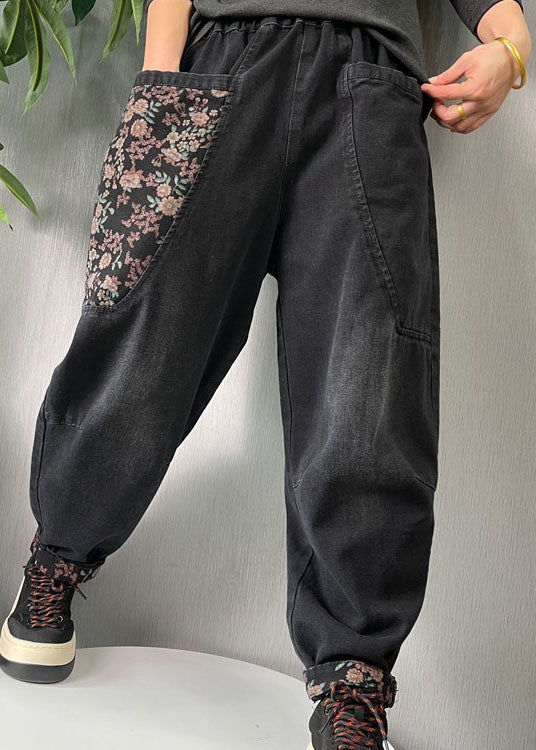 Black Embroideried Pockets denim Pants