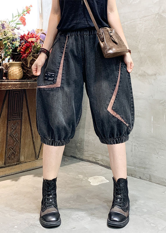 Black Grey Elastic Waist Asymmetrical Applique Cotton Denim Crop Pants