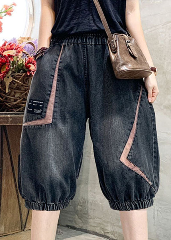 Black Grey Elastic Waist Asymmetrical Applique Cotton Denim Crop Pants