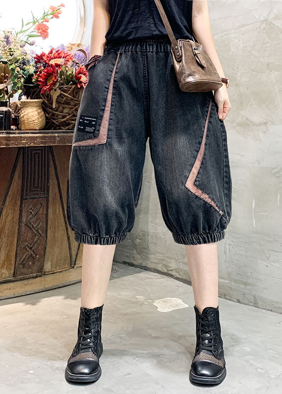 Black Grey Elastic Waist Asymmetrical Applique Cotton Denim Crop Pants