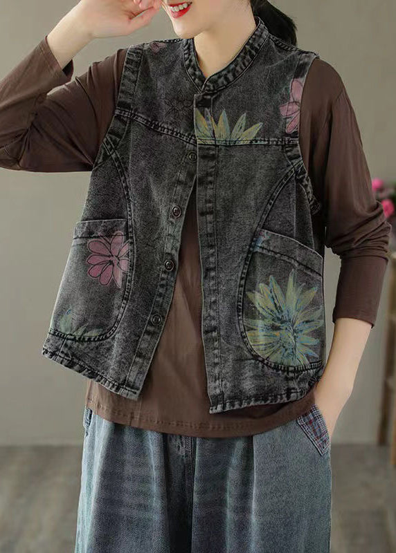 Black Grey Neck Print Denim Waistcoat Fall