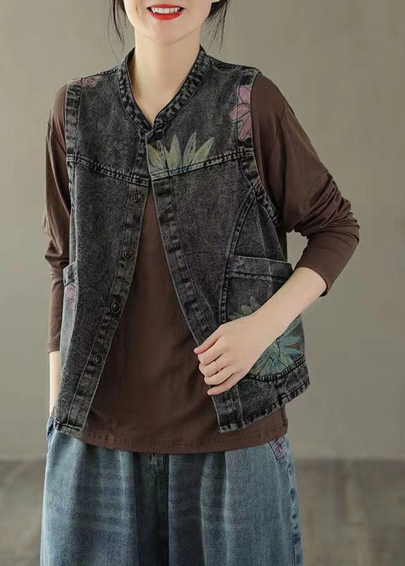 Black Grey Neck Print Denim Waistcoat Fall