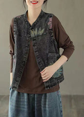 Black Grey Neck Print Denim Waistcoat Fall