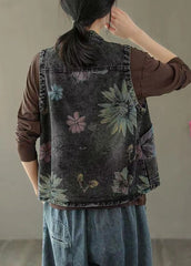 Black Grey Neck Print Denim Waistcoat Fall