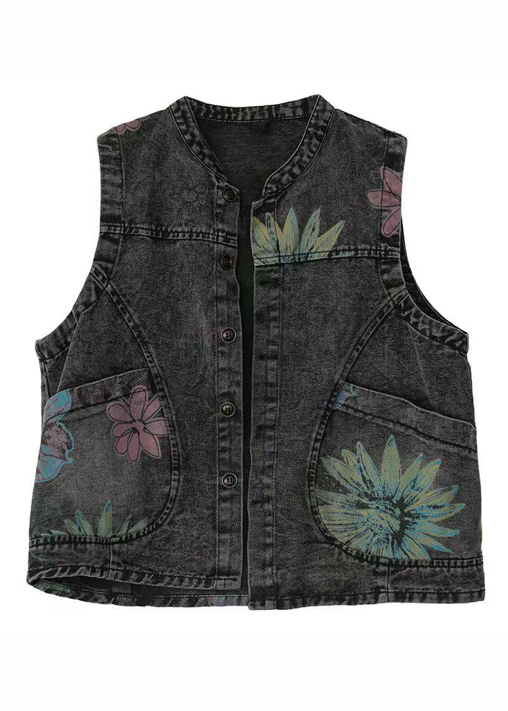 Black Grey Neck Print Denim Waistcoat Fall