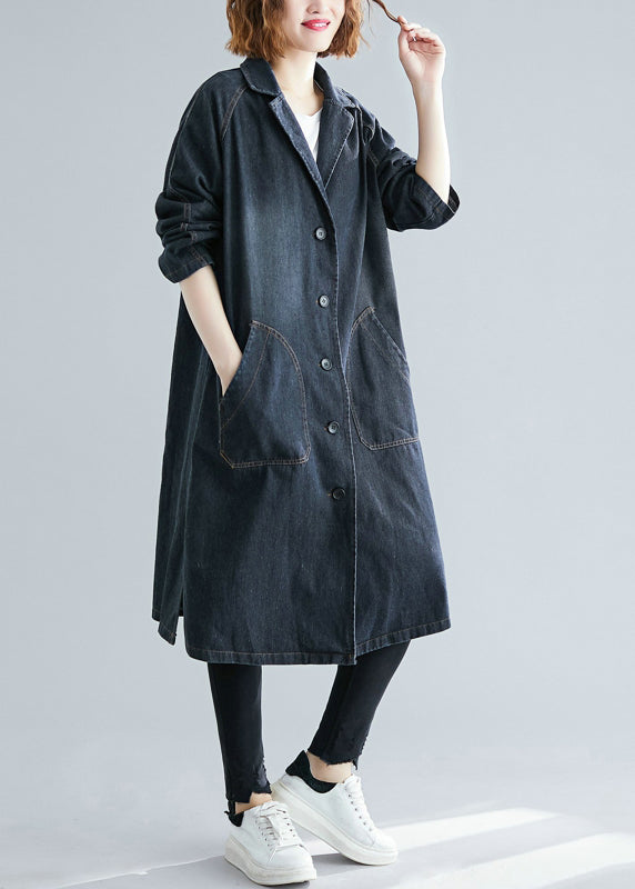 Schwarzer Denim-Trenchcoat mit gekerbten Taschen