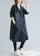 Black Notched Pockets Denim Trench Fall