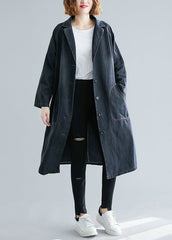 Schwarzer Denim-Trenchcoat mit gekerbten Taschen