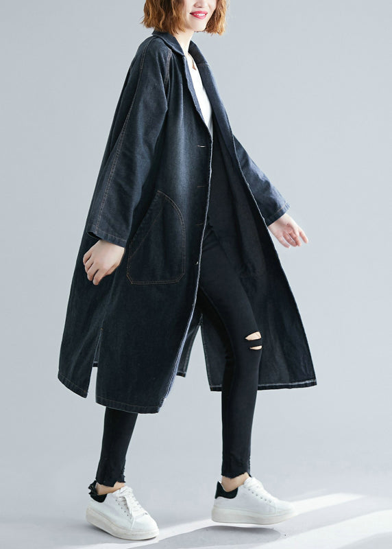 Schwarzer Denim-Trenchcoat mit gekerbten Taschen