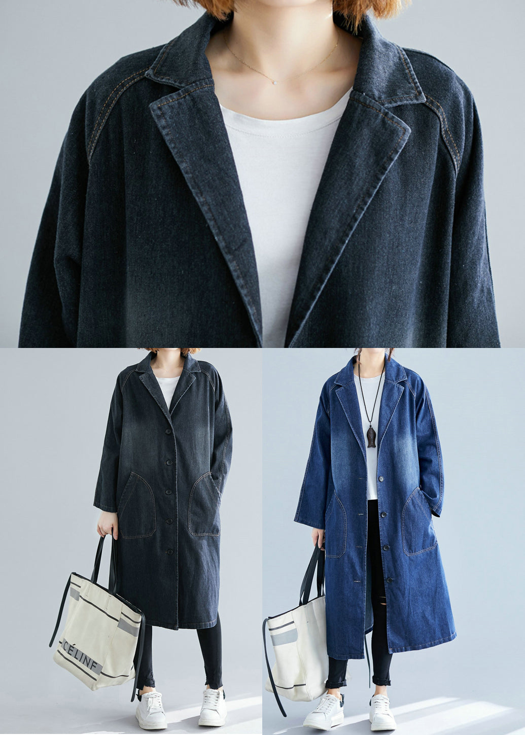 Schwarzer Denim-Trenchcoat mit gekerbten Taschen