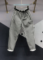 Black Plaid Pockets Patchwork Denim Pants Fall