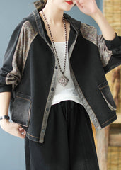 Black Print Patchwork Loose Fall Denim Hoodie Coat