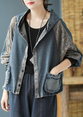 Black Print Patchwork Loose Fall Denim Hoodie Coat