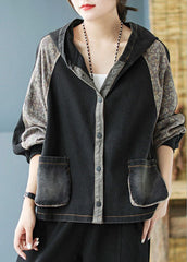 Black Print Patchwork Loose Fall Denim Hoodie Coat