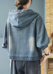 Black Print Patchwork Loose Fall Denim Hoodie Coat