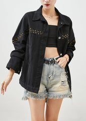 Black Sequins Patchwork Denim Coats Fall