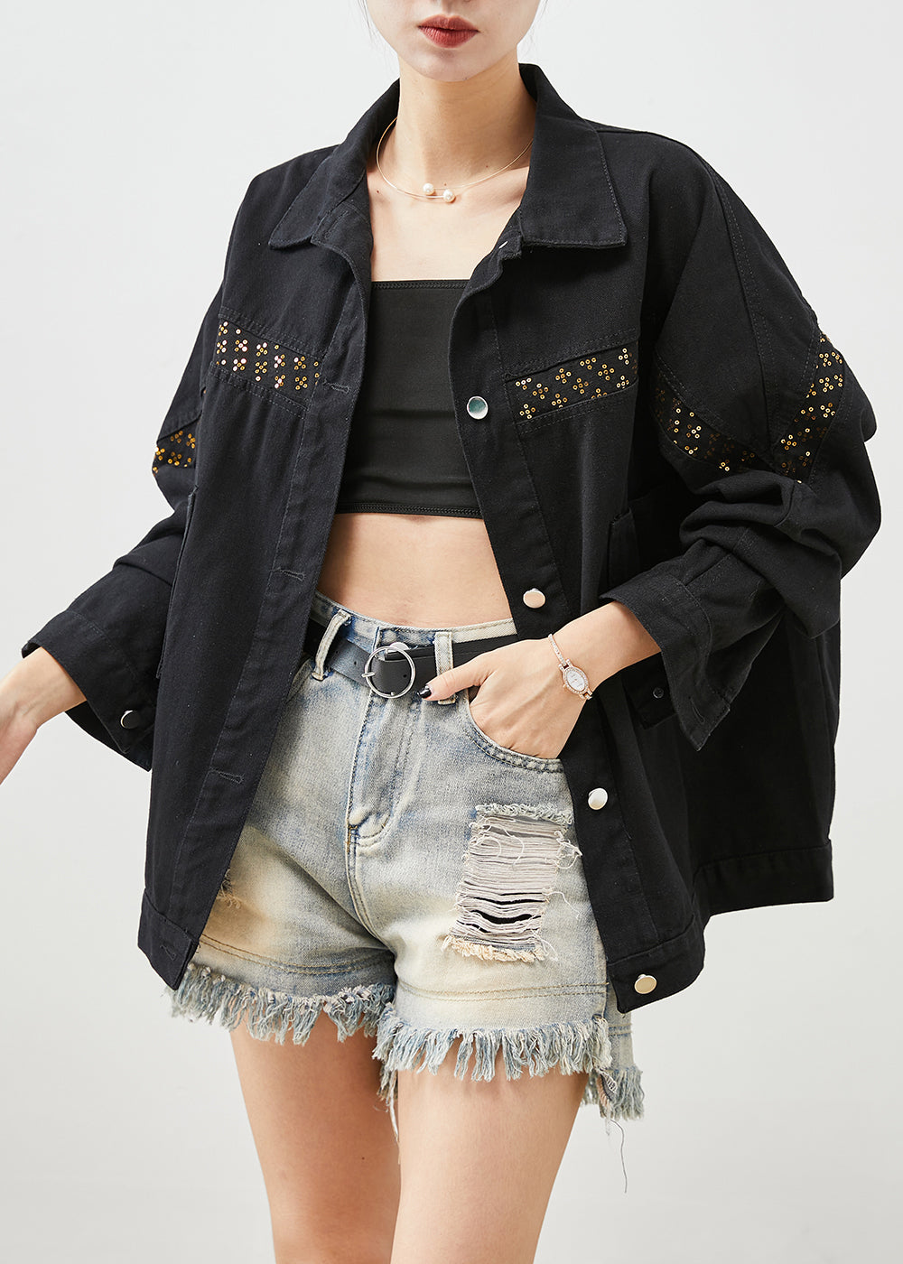 Black Sequins Patchwork Denim Coats Fall