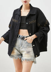 Black Sequins Patchwork Denim Coats Fall