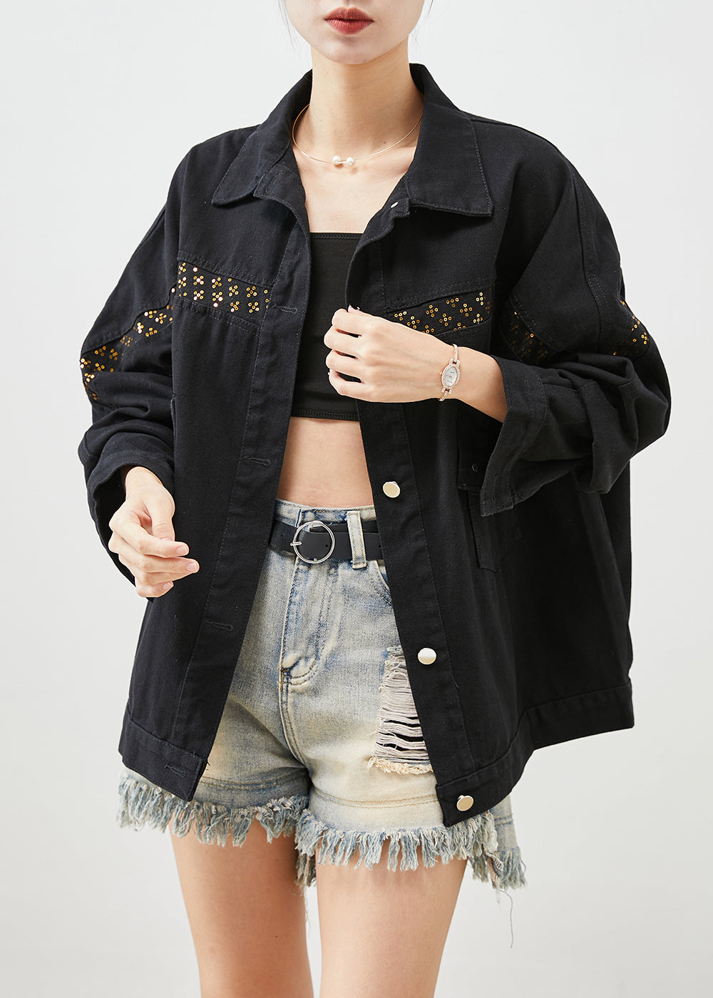 Black Sequins Patchwork Denim Coats Fall