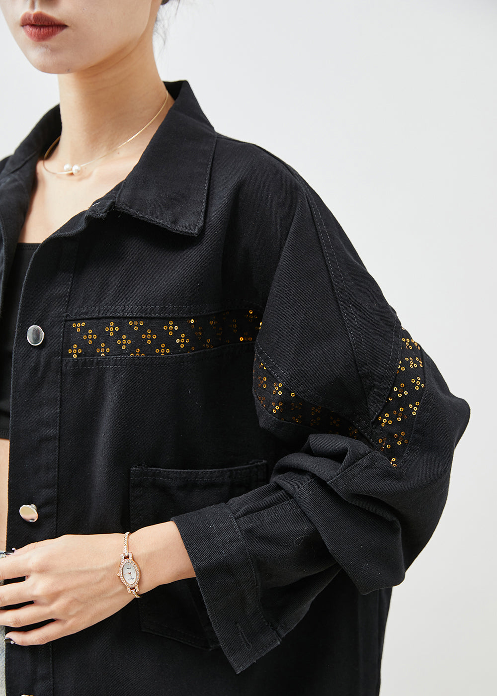 Black Sequins Patchwork Denim Coats Fall