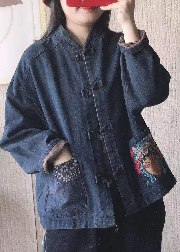 Black Stand Collar Embroideried Button Pockets Cotton Denim Coats Long Sleeve