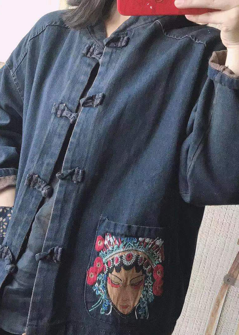 Black Stand Collar Embroideried Button Pockets Cotton Denim Coats Long Sleeve