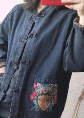 Black Stand Collar Embroideried Button Pockets Cotton Denim Coats Long Sleeve