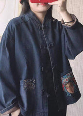 Black Stand Collar Embroideried Button Pockets Cotton Denim Coats Long Sleeve