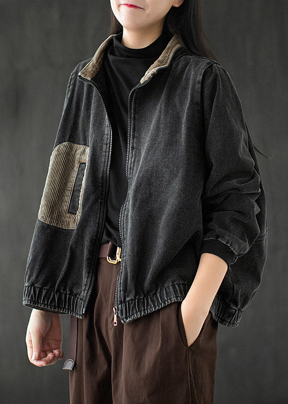 Black Stand Collar Patchwork Denim Coats Long Sleeve