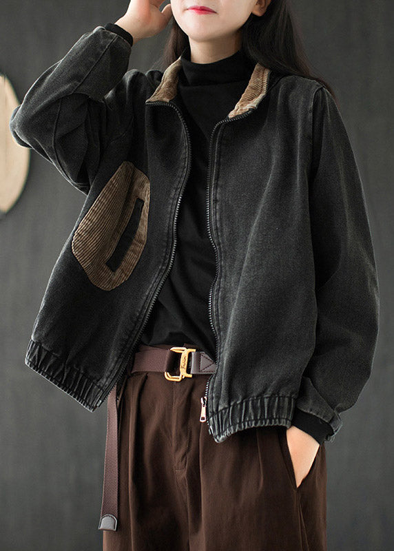 Black Stand Collar Patchwork Denim Coats Long Sleeve