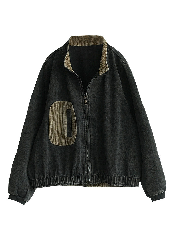 Black Stand Collar Patchwork Denim Coats Long Sleeve