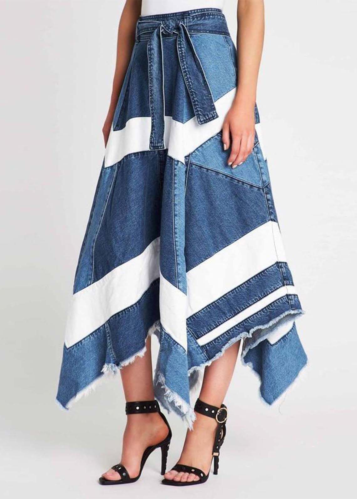 Blue Asymmetrical Patchwork Denim A Line Skirts