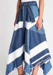 Blue Asymmetrical Patchwork Denim A Line Skirts