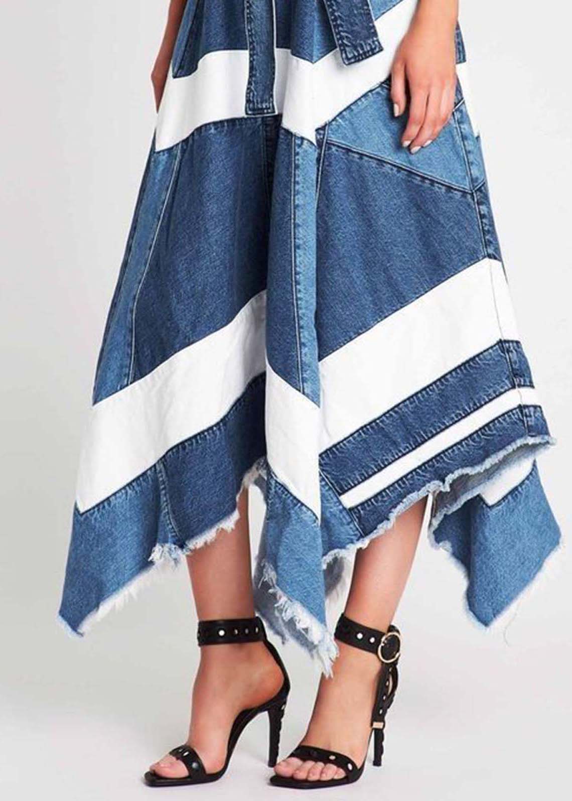 Blue Asymmetrical Patchwork Denim A Line Skirts