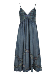 Blue Cinched V Neck Patchwork Spaghetti Strap Cotton Denim Dresses