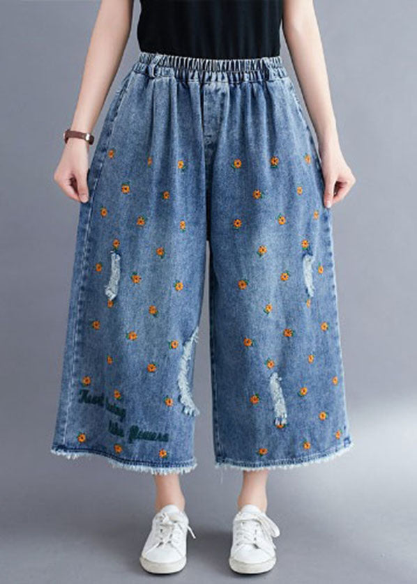 Blue Daisy Embroideried Pockets Cotton Denim Straight Pants