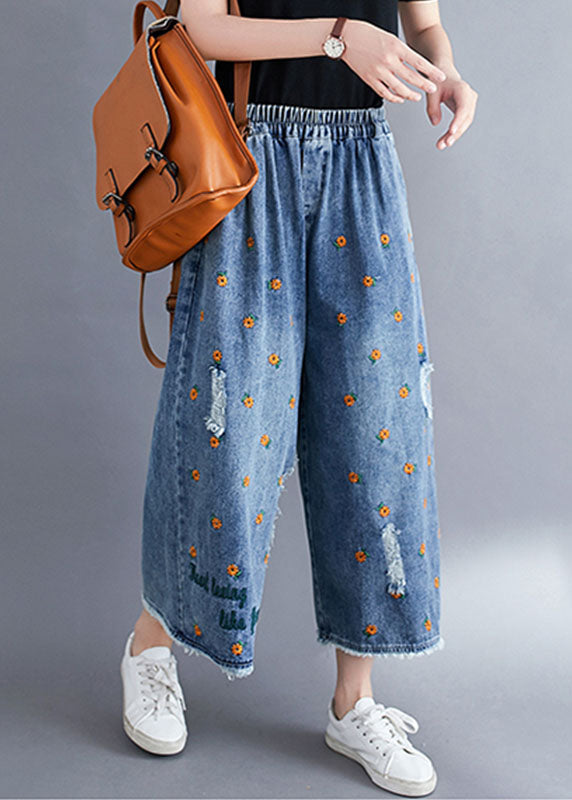 Blue Daisy Embroideried Pockets Cotton Denim Straight Pants