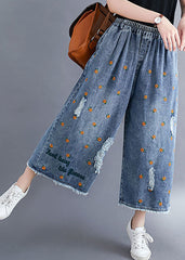 Blue Daisy Embroideried Pockets Cotton Denim Straight Pants