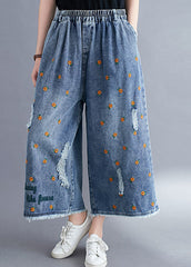 Blue Daisy Embroideried Pockets Cotton Denim Straight Pants