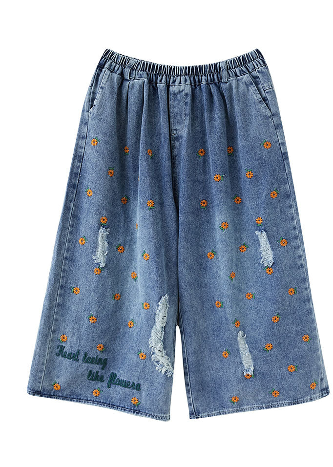 Blue Daisy Embroideried Pockets Cotton Denim Straight Pants