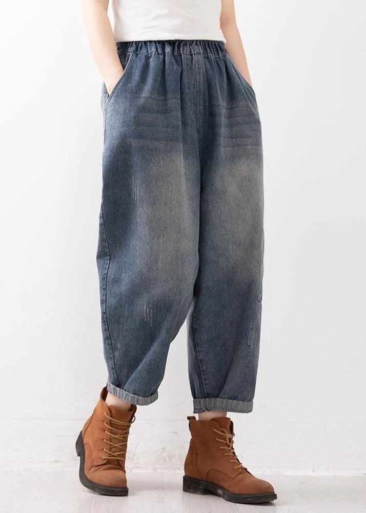 Pantalones vaqueros harén de otoño con bolsillos y cintura elástica en azul