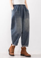 Blue Elastic Waist Pockets Harem Fall Denim Pants