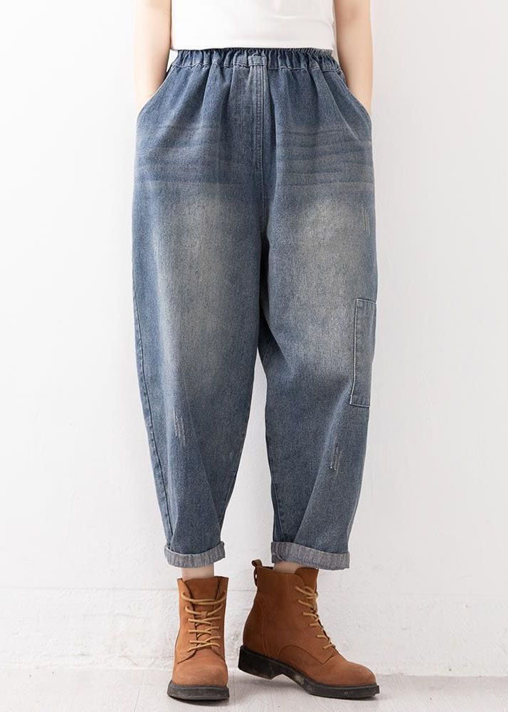 Blue Elastic Waist Pockets Harem Fall Denim Pants