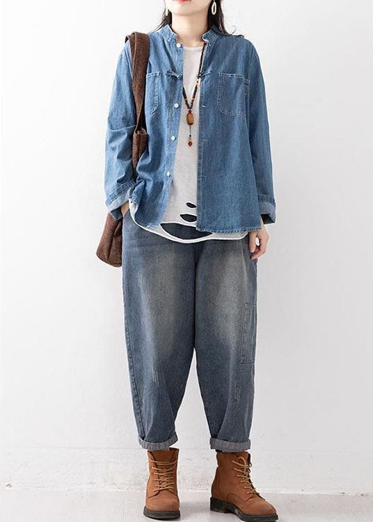 Blue Elastic Waist Pockets Harem Fall Denim Pants