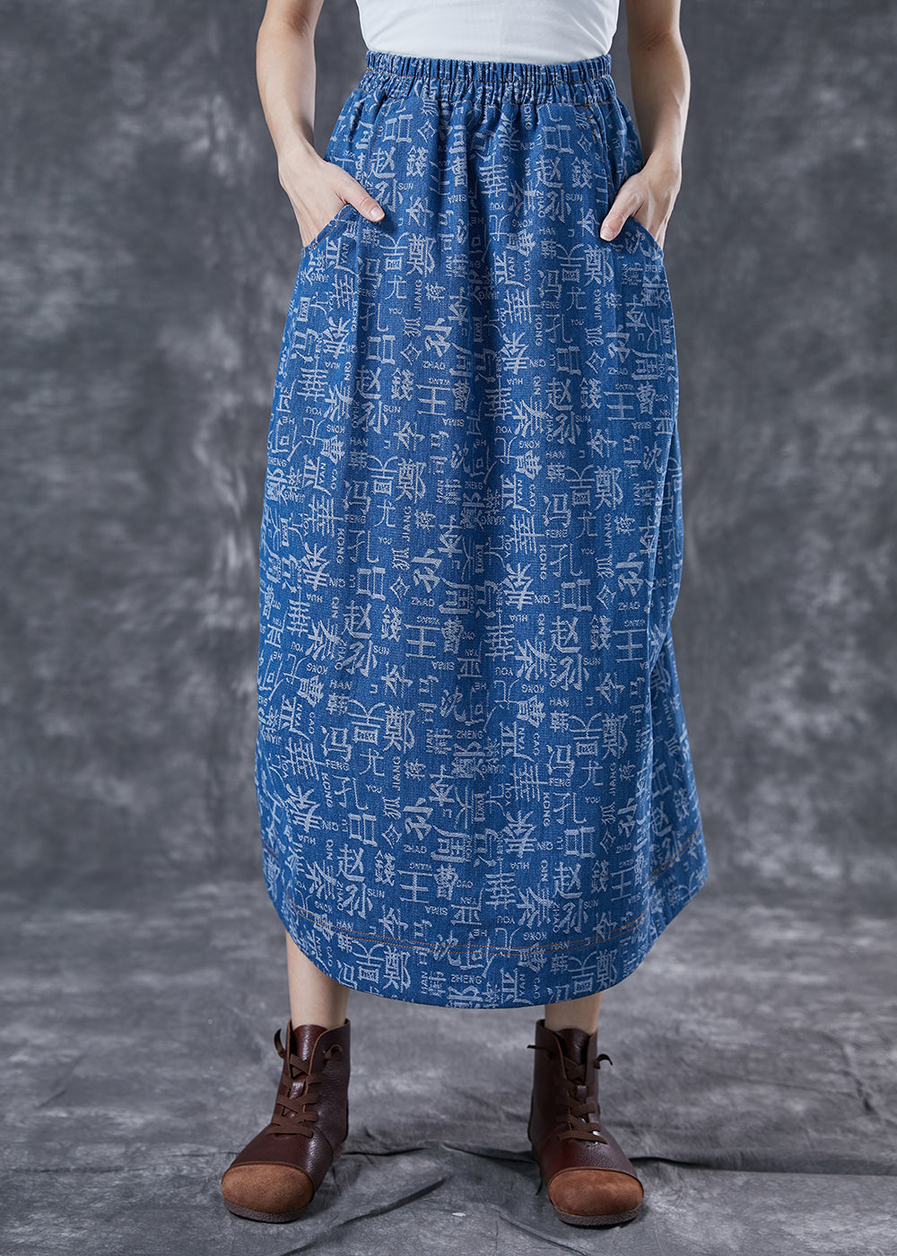 Blue Elastic Waist Print Denim Skirts