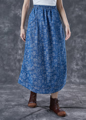 Blue Elastic Waist Print Denim Skirts