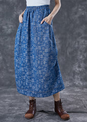 Blue Elastic Waist Print Denim Skirts