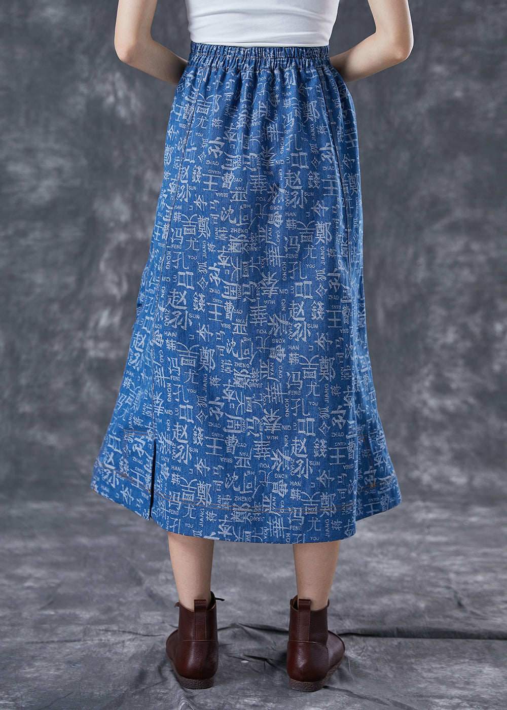 Blue Elastic Waist Print Denim Skirts