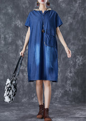 Blue Hooded Patchwork Pocket Denim Mid Dress